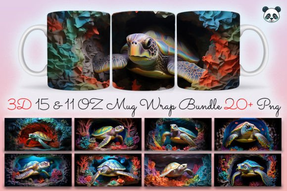 3D Sea Turtle Mug Wrap Bundle: Oceanic Design for Sublimation