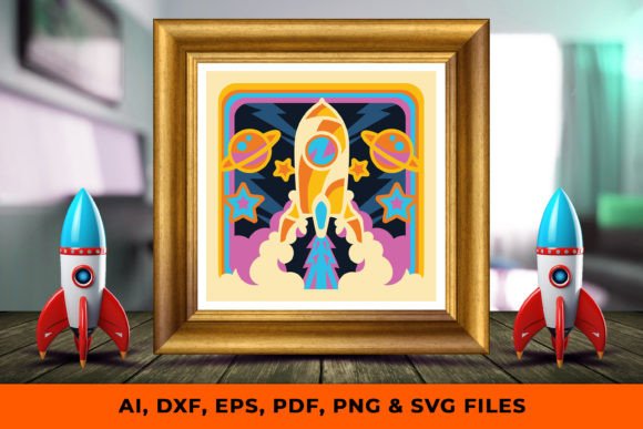 Rocket in Outer Space 3D Shadow Box Art